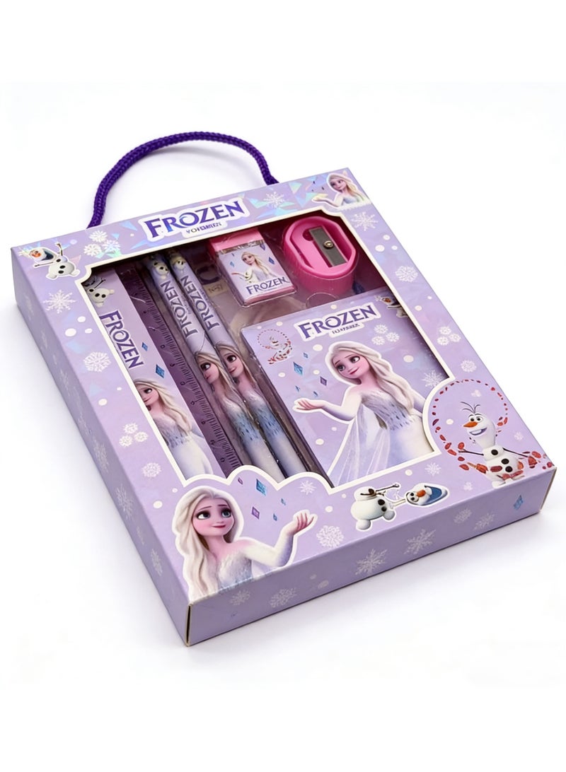 Frozen Magic Disney Frozen Elsa Stationery Gift Set, 8-Piece Kids' School Supplies Kit with Pencils, Ruler, Eraser, Sharpener & Notebook, Portable Handle Gift Box for Girls Birthday & Back to School - Image 3